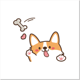 Cute Corgi Dog Running to Get a Bone Posters and Art